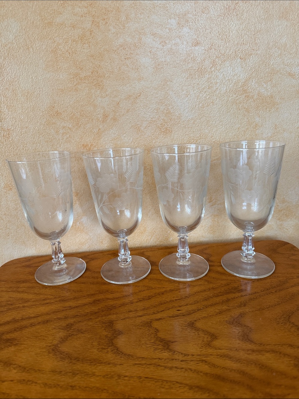 Vintage Clear Etched Glass Wine Goblets - Set of 4